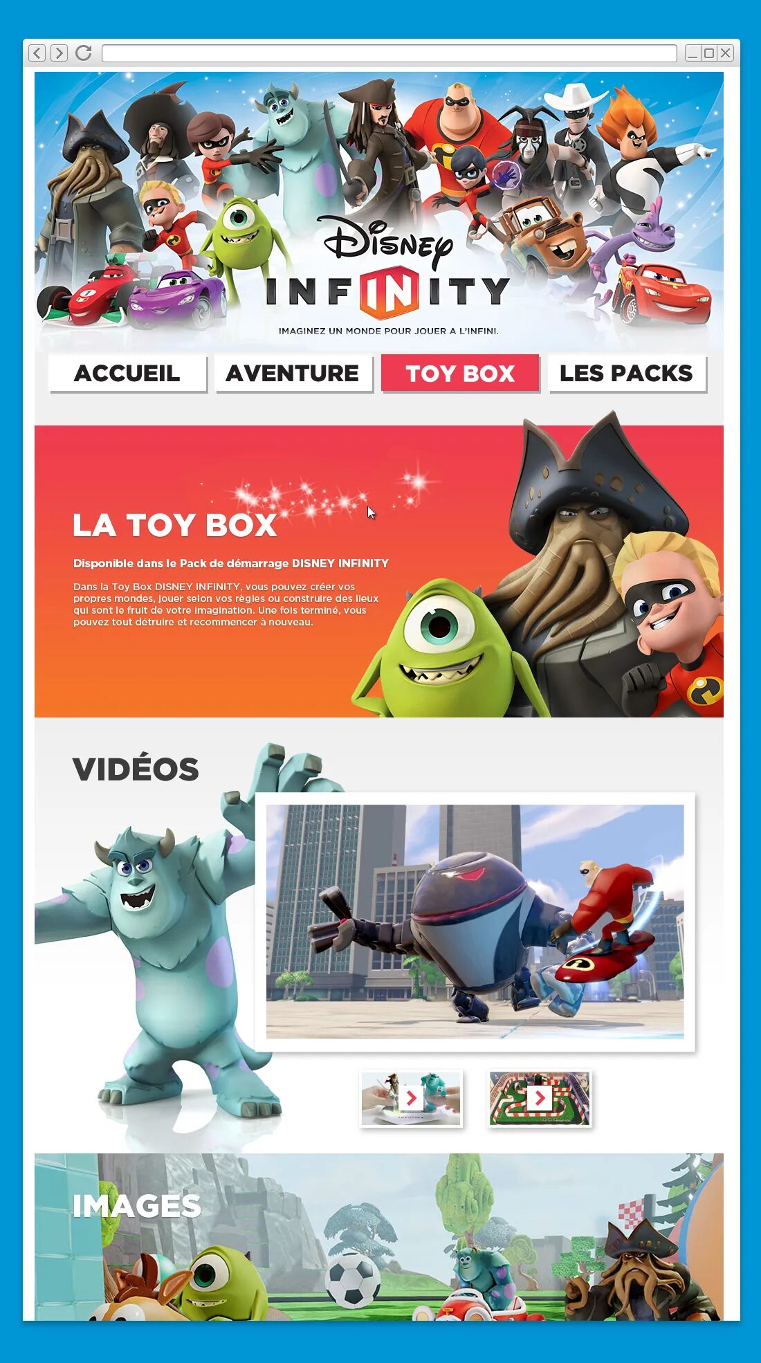 Page d’accueil Disney Infinity avec menu Toy Box, personnages Disney/Pixar et visuel promotionnel du jeu vidéo