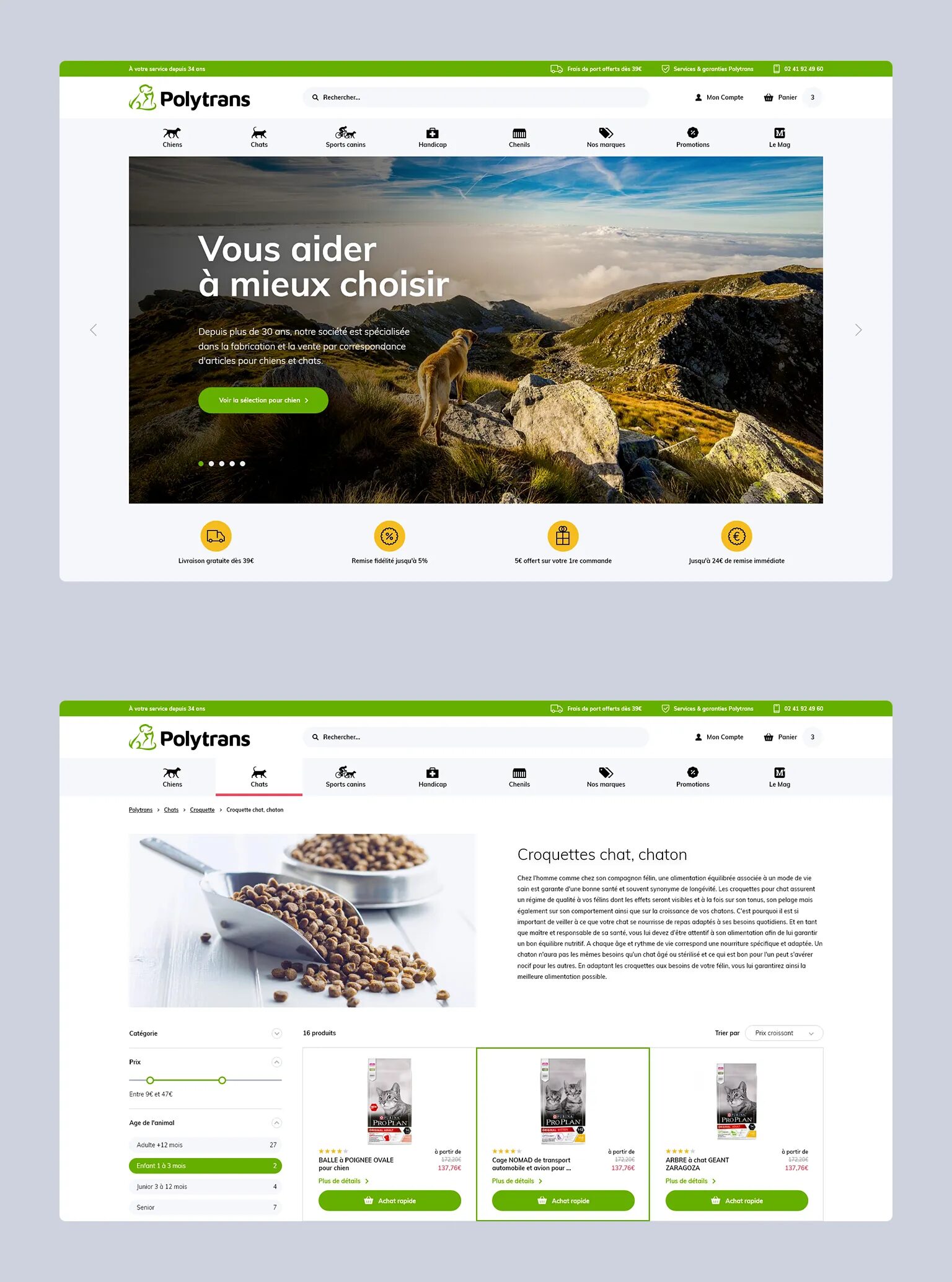 Page d’accueil Polytrans avec navigation e-commerce, sélection d’articles pour chiens et chats, visuel de chien en montagne et avantages clients.
