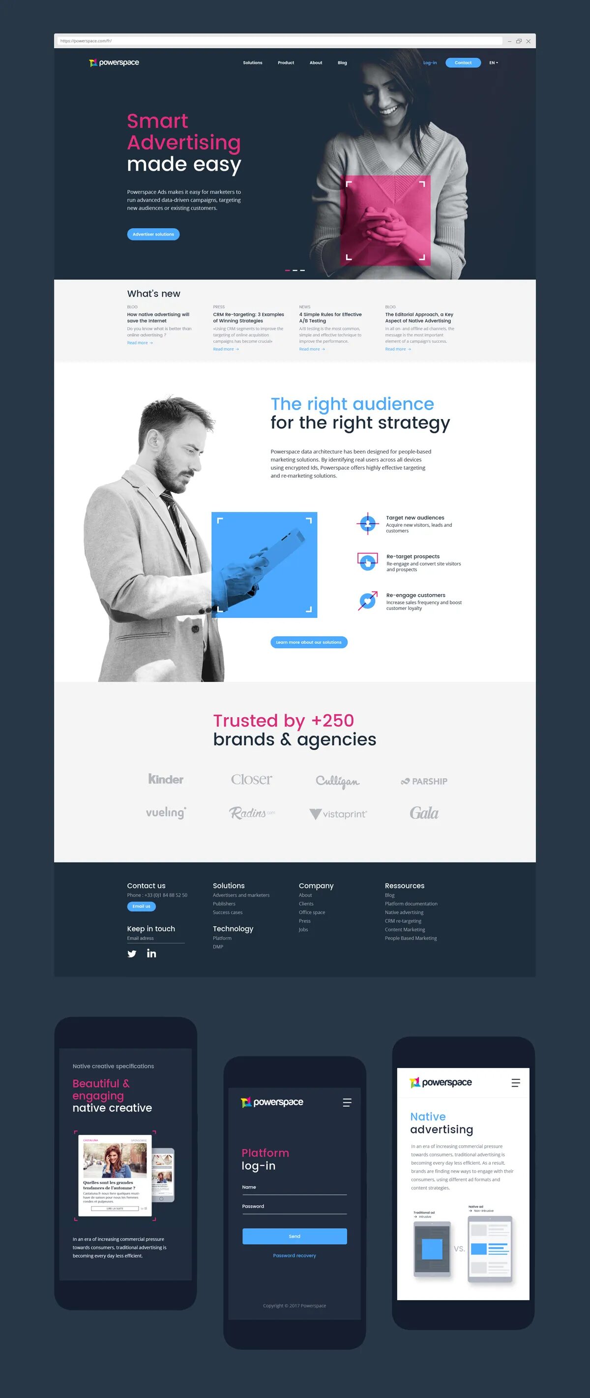Page d’accueil Powerspace présentant une plateforme de smart advertising, avec interface web, ciblage d’audience et marketing digital data-driven.