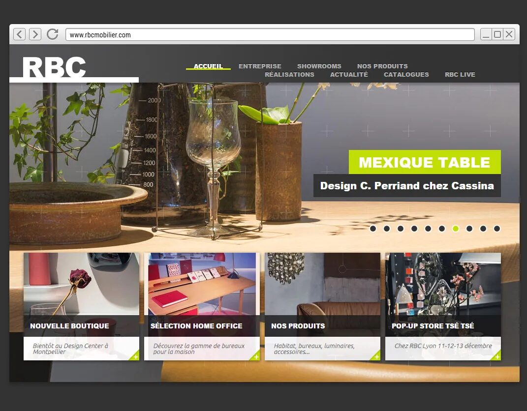 Page d’accueil RBC Mobilier présentant une table design Cassina, une sélection home office, des produits mobilier et l’actualité des boutiques design