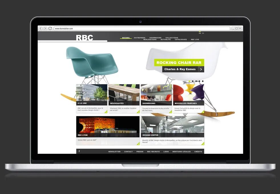 Page d’accueil RBC Mobilier présentant un site web de mobilier design, avec fauteuil à bascule Eames, blocs de contenu et interface catalogue
