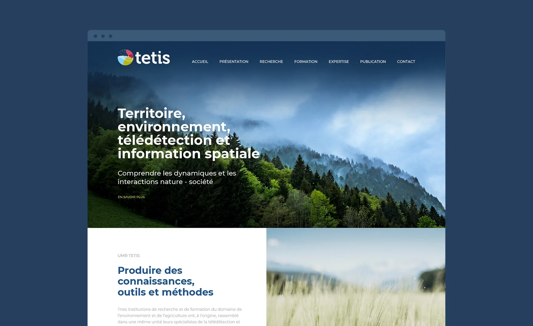 Interface de la page d'accueil desktop du site de recherche de l'UMR Tetis.