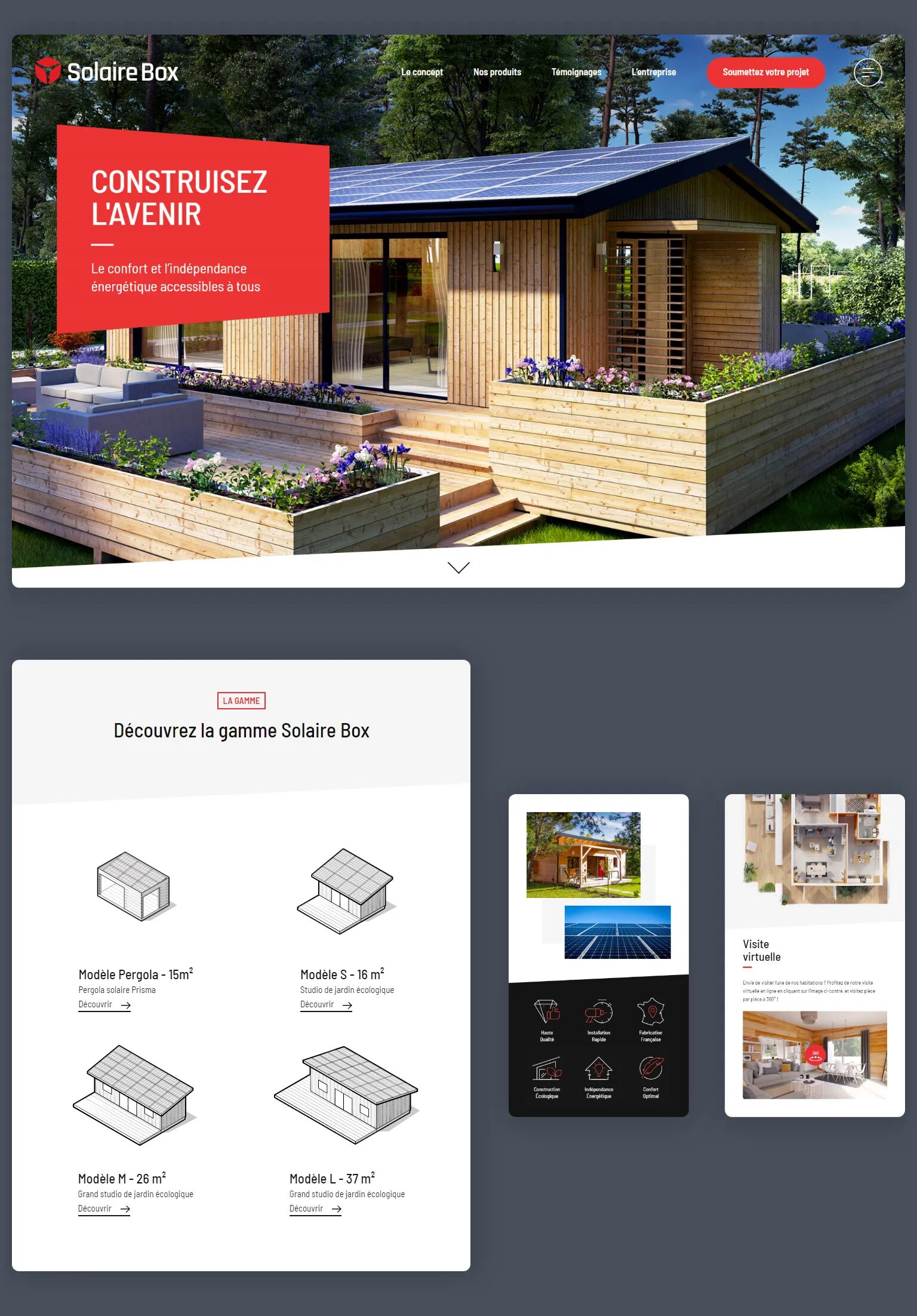 Page d’accueil du site Solaire Box présentant une maison écologique en bois avec panneaux solaires, terrasse végétalisée et message “Construisez l’avenir