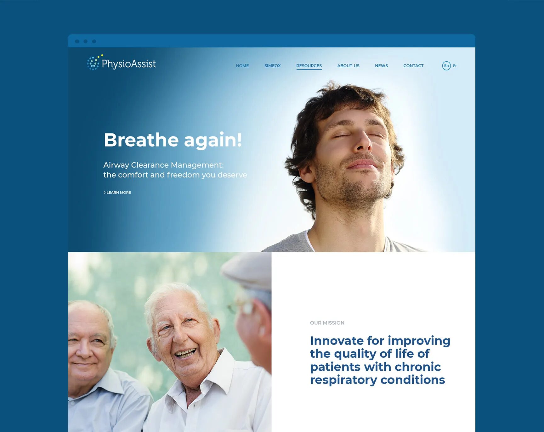 Interface desktop de la page d'accueil du site web anglophone de PhysioAssist, solutions de désencombrement bronchique