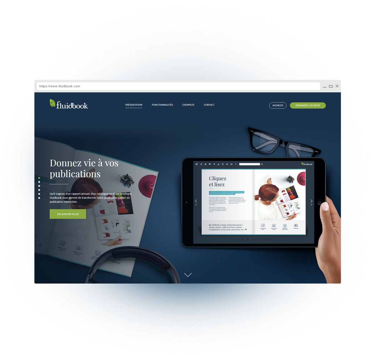 Page d’accueil Fluidbook présentant une solution de catalogue interactif en ligne, avec tablette affichant une publication digitale et appel à devis