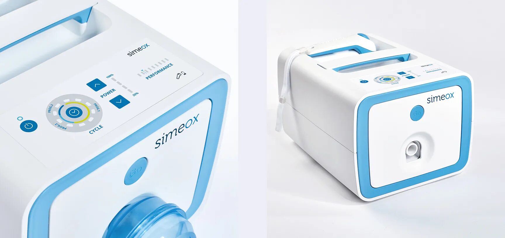 Deux vues de l'appareil respiratoire Simeox blanc et bleu : un gros plan sur le panneau de contrôle (boutons cycle, power, performance) et une vue d'ensemble du boîtier médical