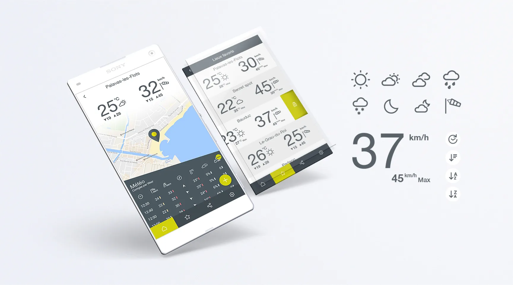 Application mobile Wezr affichant les prévisions météo locales, la température, le vent et les icônes météo pour les activités outdoor