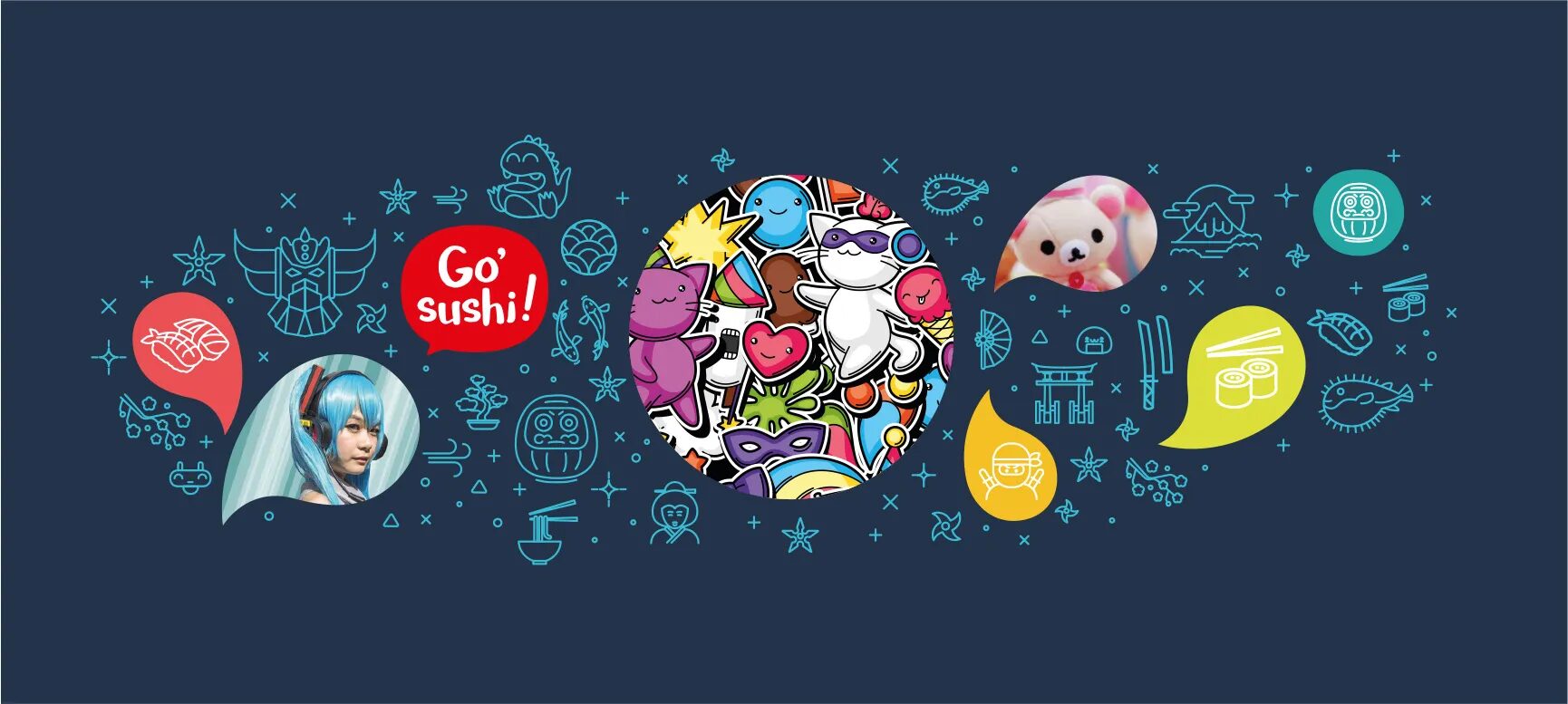 Bannière graphique Go Sushi avec pictogrammes japonais, illustrations colorées, logo du restaurant et ambiance pop culture manga.