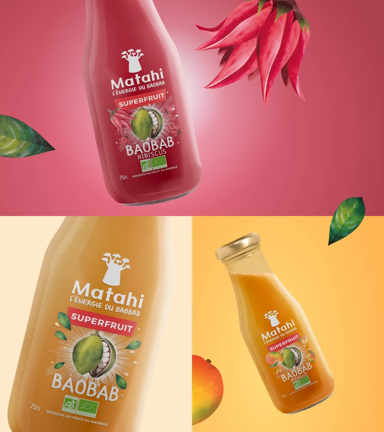 Bouteilles de boisson bio Matathi au baobab, saveurs hibiscus et mangue, présentées sur fonds colorés avec fruits tropicaux et feuilles illustrées