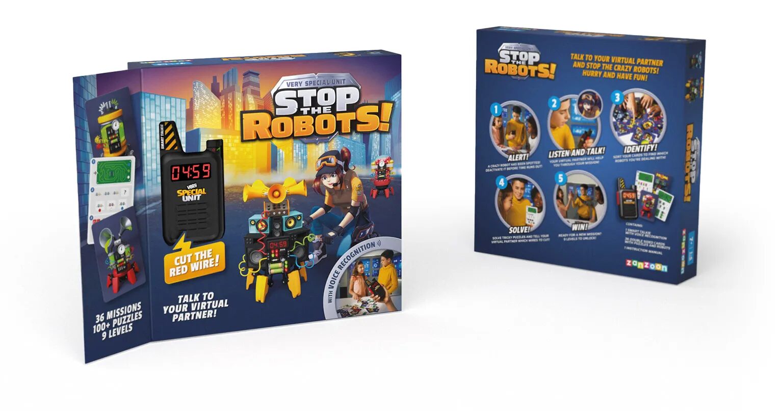 Boîte du jeu de société STOP THE ROBOTS! de Zanzoon, montrant la face avant interactive et le dos avec les règles du jeu