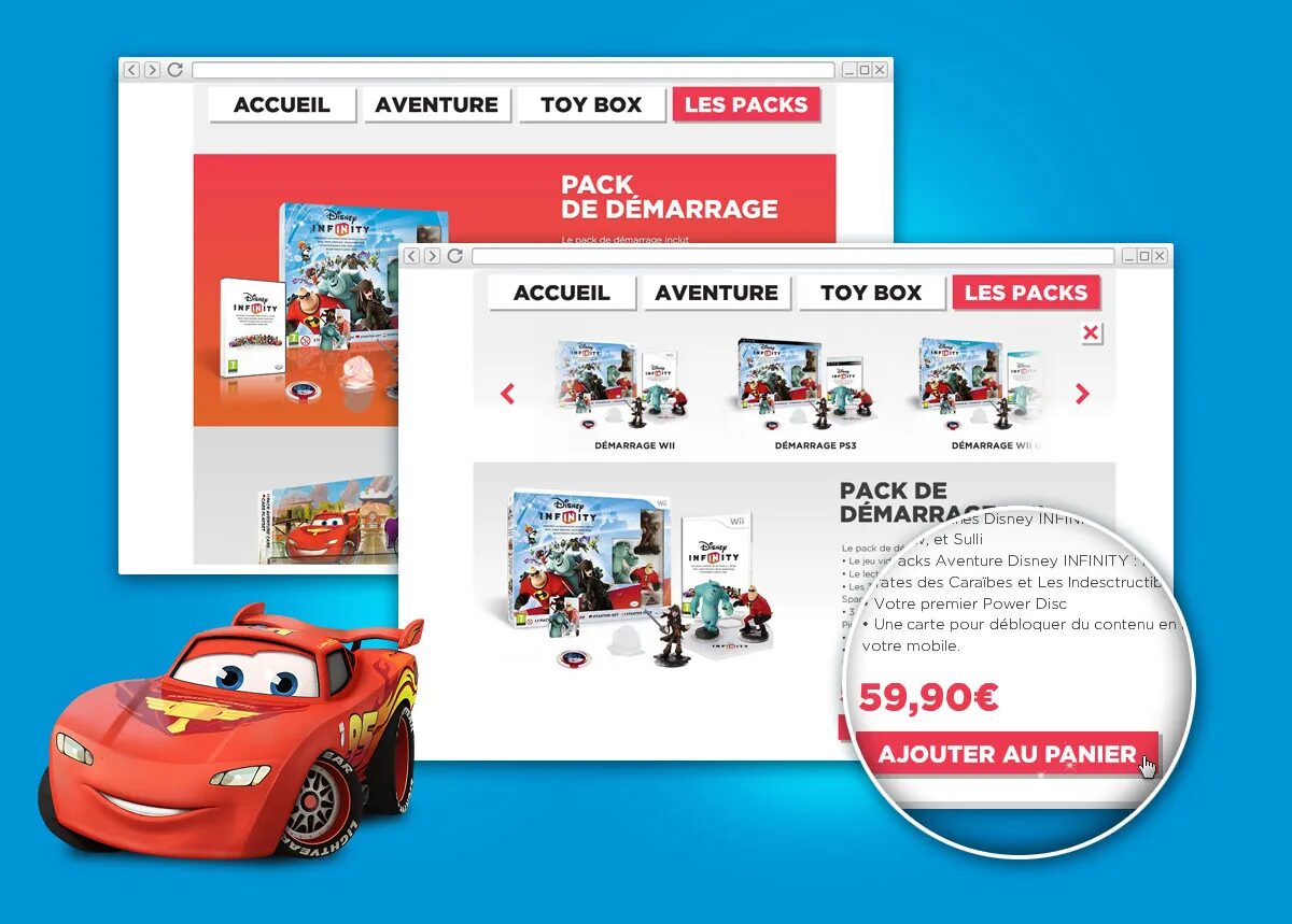 Visuel boutique Disney Infinity présentant les packs de démarrage, avec fiche produit, prix et bouton “Ajouter au panier”