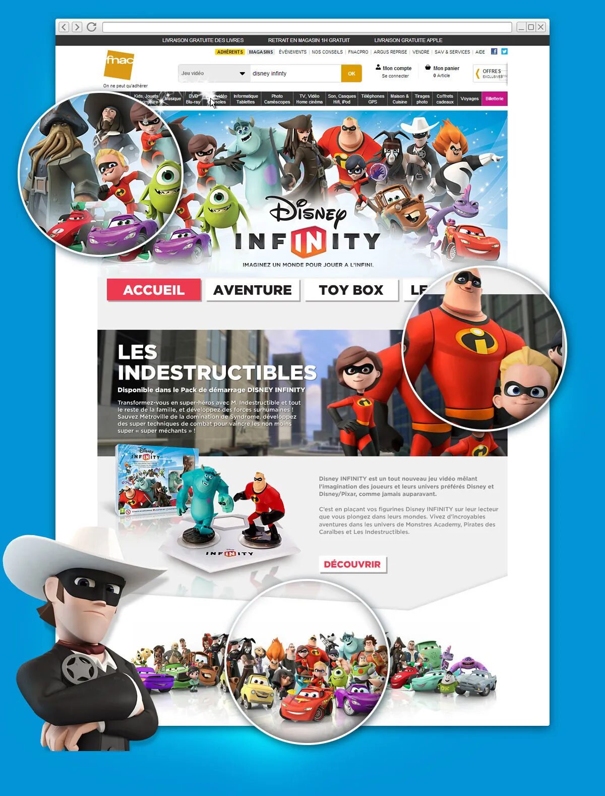 Page boutique Fnac dédiée à Disney Infinity, avec mini-site promotionnel, personnages Disney Pixar et navigation par univers de jeu