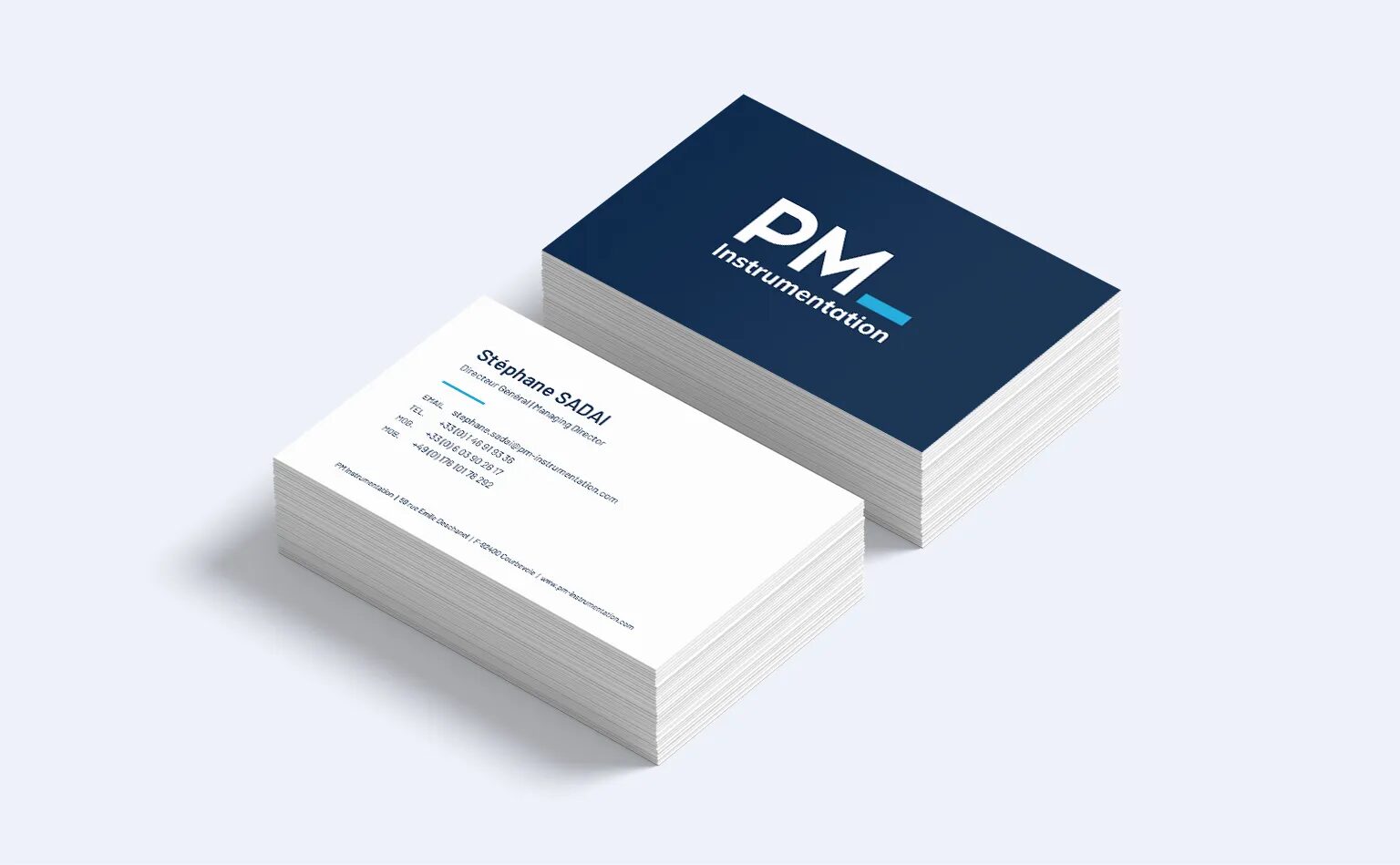 Cartes de visite PM Instrumentation avec identité visuelle professionnelle pour solutions de mesure et d’instrumentation industrielle