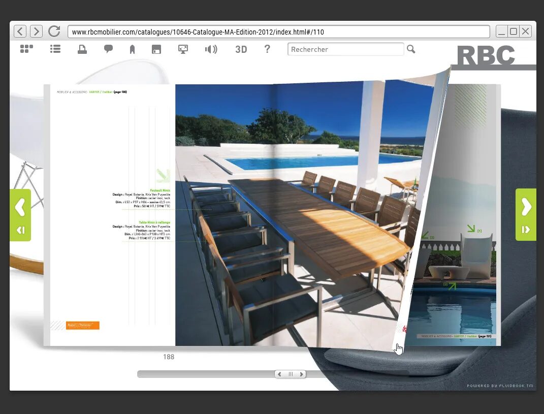 Interface catalogue RBC Mobilier avec page feuilletable en ligne, mobilier outdoor, navigation interactive et effet de tourne-page Fluidbook