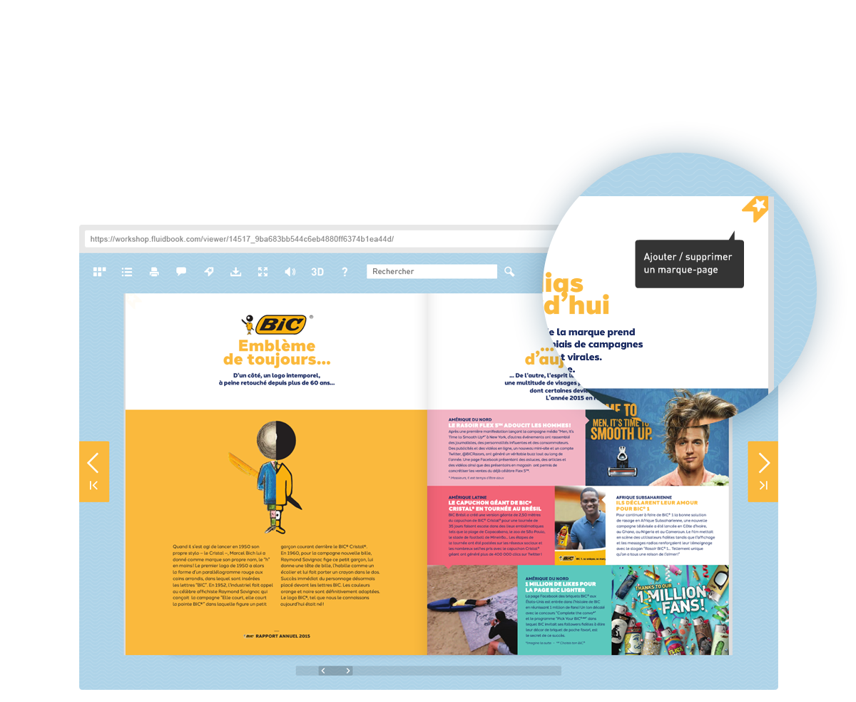 Interface Fluidbook avec catalogue interactif, lecture en ligne, recherche, navigation par pages et fonction marque-page