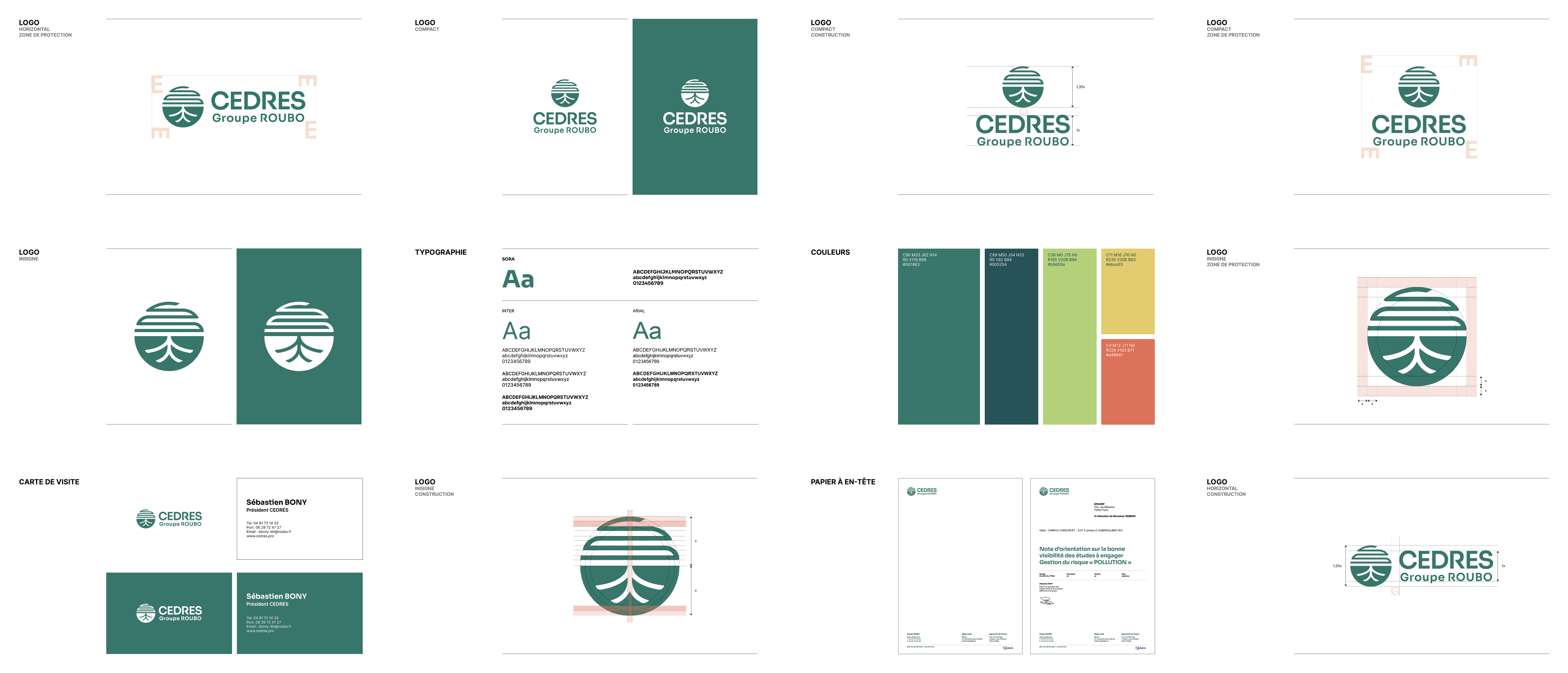 Extrait de charte graphique Cèdres Groupe Roubo présentant les règles d’utilisation du logo, la typographie, la palette de couleurs et les supports de papeterie