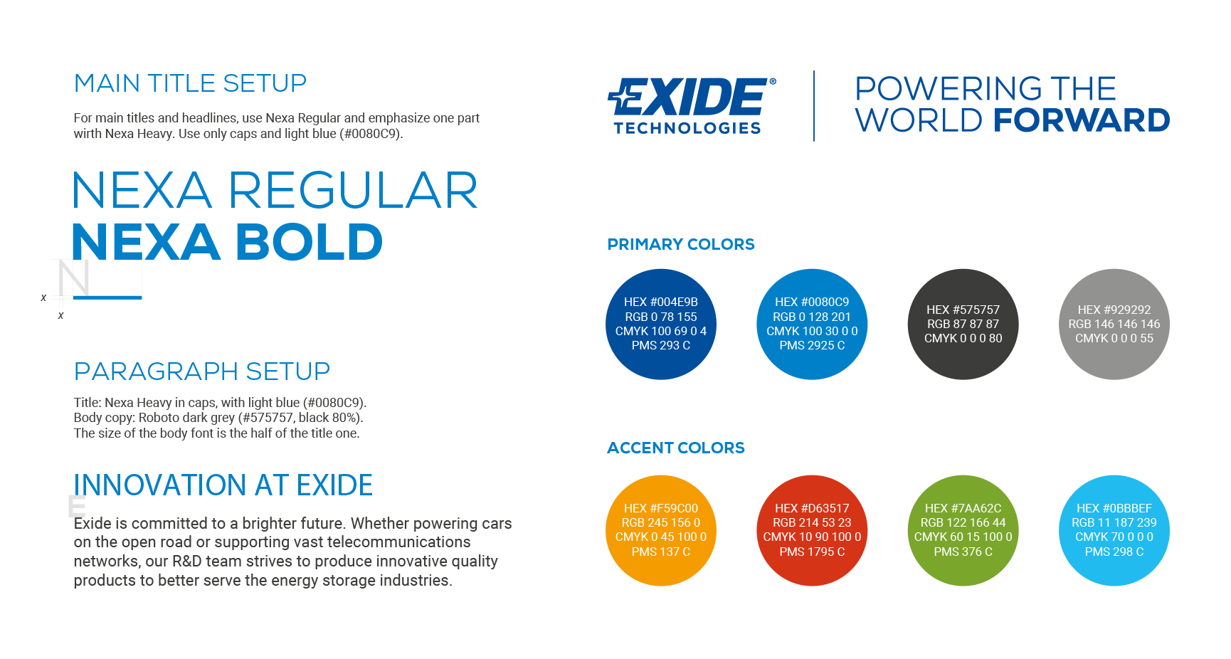 Charte graphique officielle de la marque Exide Technologies avec spécifications des polices et des couleurs