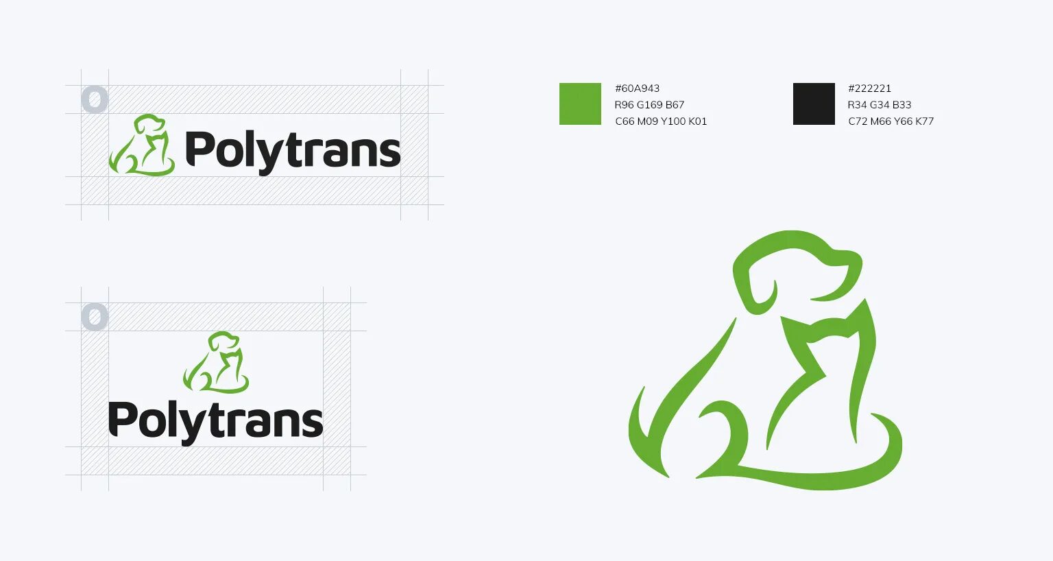Charte graphique du logo Polytrans avec pictogramme chien et chat, couleurs de marque vert et noir, et règles de construction du logotype.