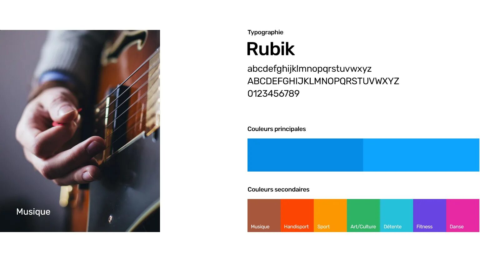 Charte graphique Mobby présentant la typographie Rubik, les couleurs principales bleues et les couleurs secondaires associées aux catégories musique, handisport, sport, art/culture, détente, fitness et danse