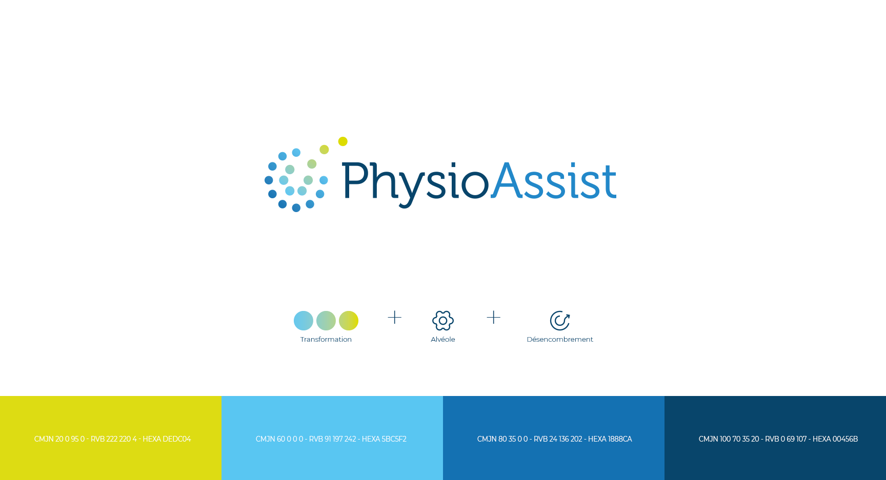 Charte graphique officielle de PhysioAssist montrant la genèse du logo et les références chromatiques
