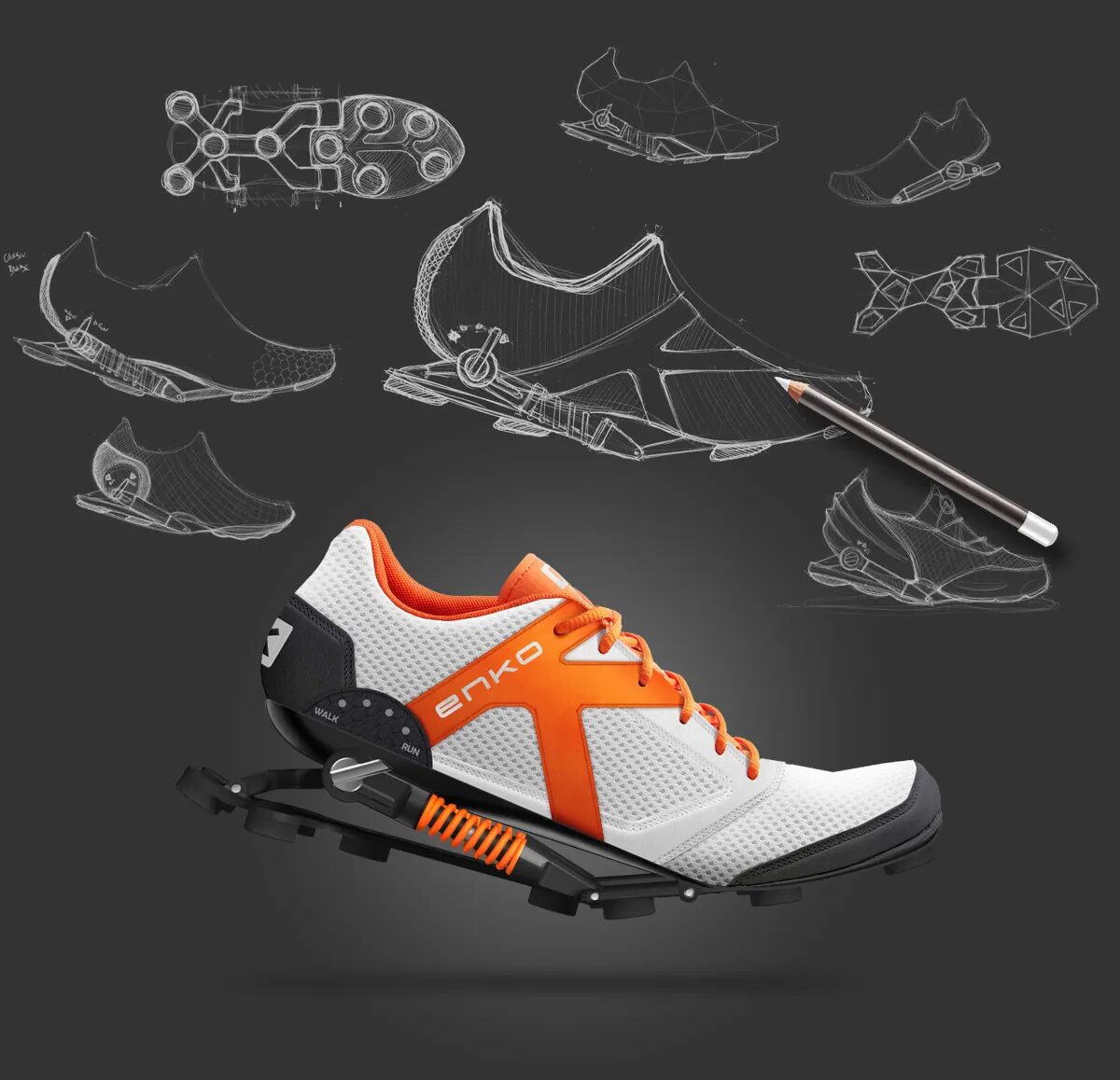 Visuel produit Enko présentant une chaussure de running à amorti mécanique, avec croquis de conception et design sportif blanc et orange