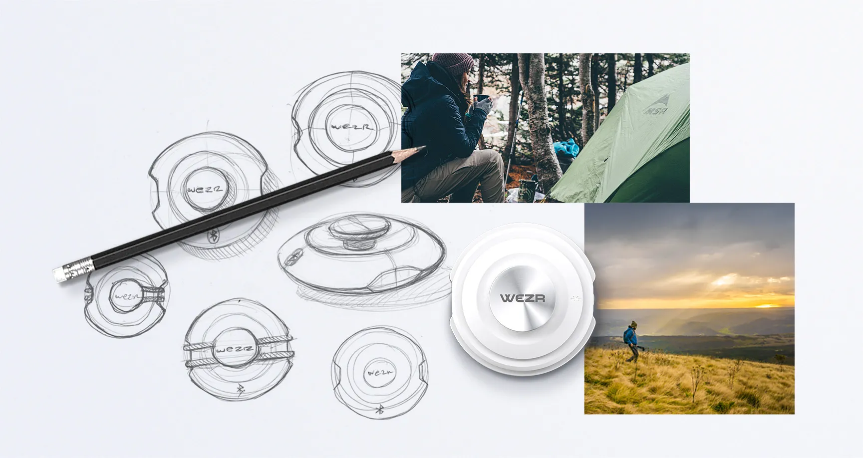 Visuels de conception et d’usage de la station météo nomade connectée Wezr, du croquis produit aux tests en randonnée et camping