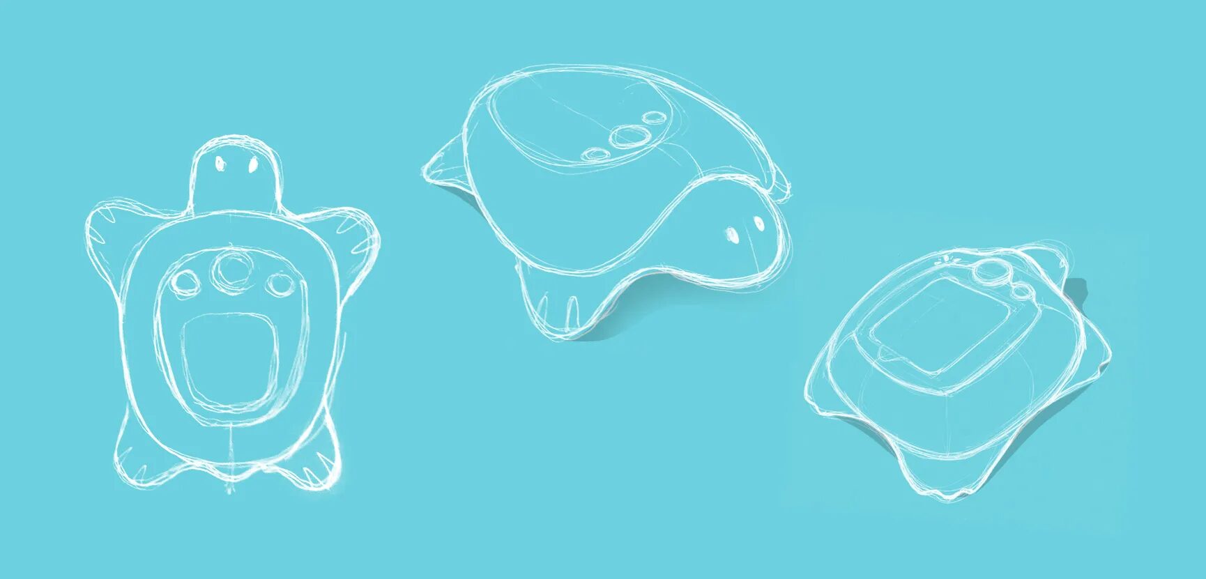 Croquis préparatoires de personnages Memo Animo sur fond bleu, avec recherches de formes pour l’interface du jeu de mémoire interactif