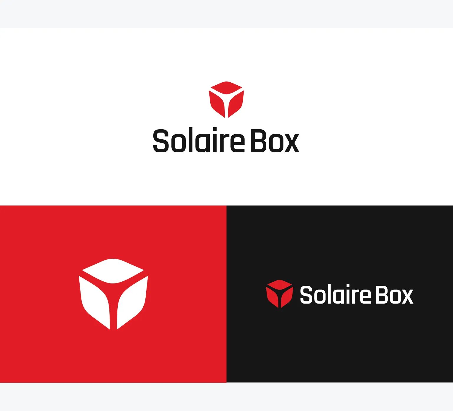 Déclinaisons du logo Solaire Box, avec symbole rouge en forme de cube stylisé et versions sur fonds blanc, rouge et noir