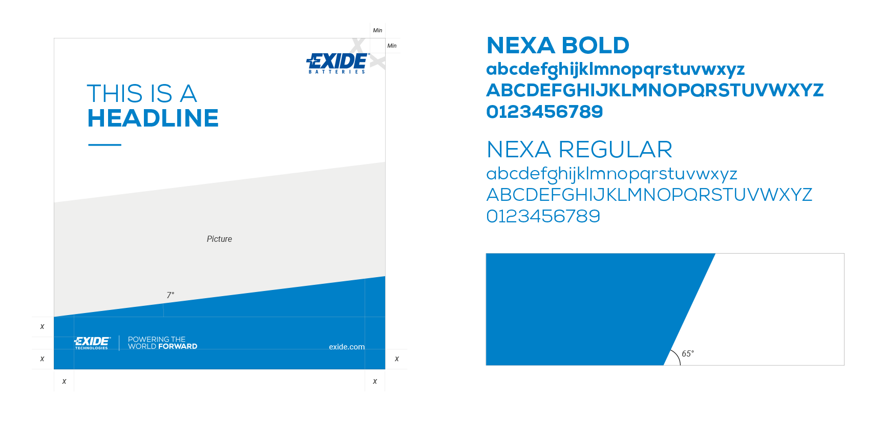 Directives d'application de la marque Exide pour les typographies et les angles géométriques des visuels