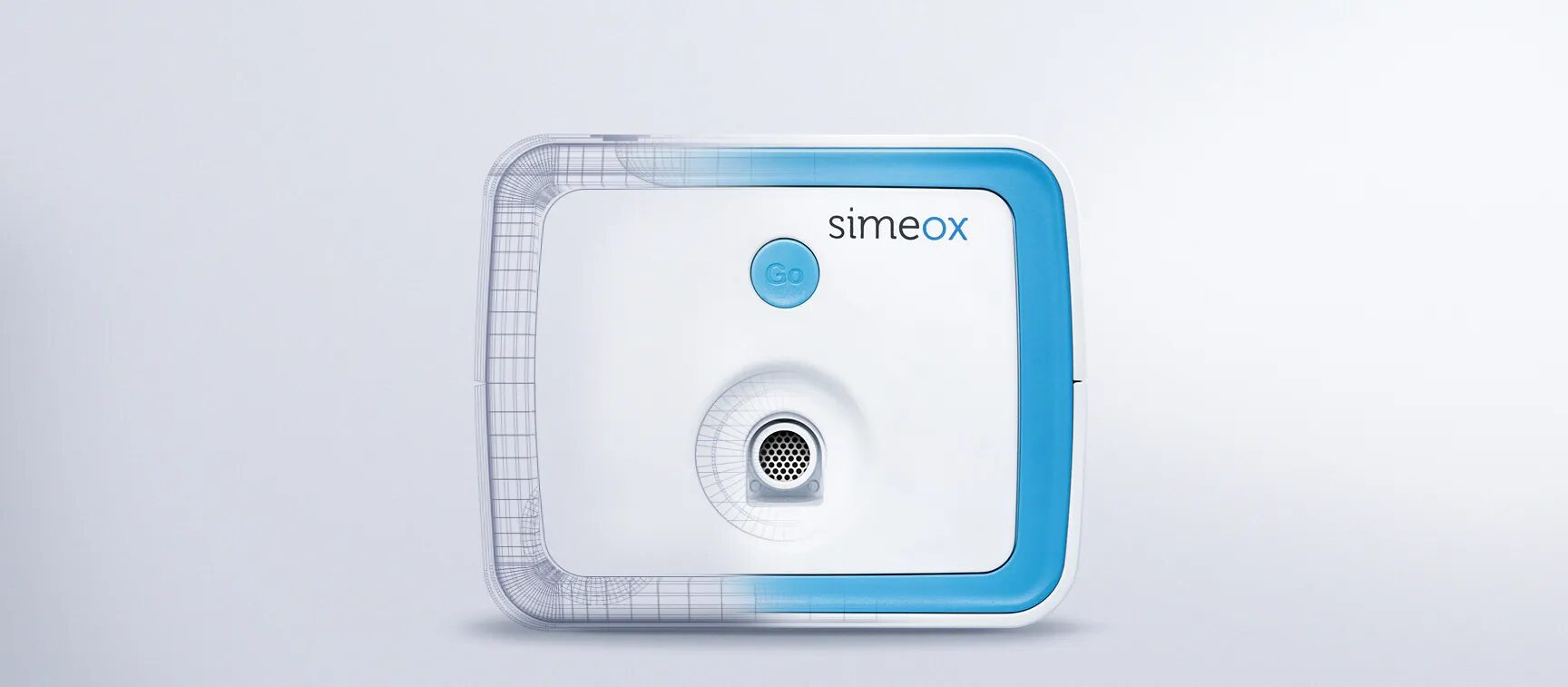 Dispositif médical Simeox sur fond blanc, appareil respiratoire connecté blanc et bleu pour physiothérapie, design produit PhysioAssist