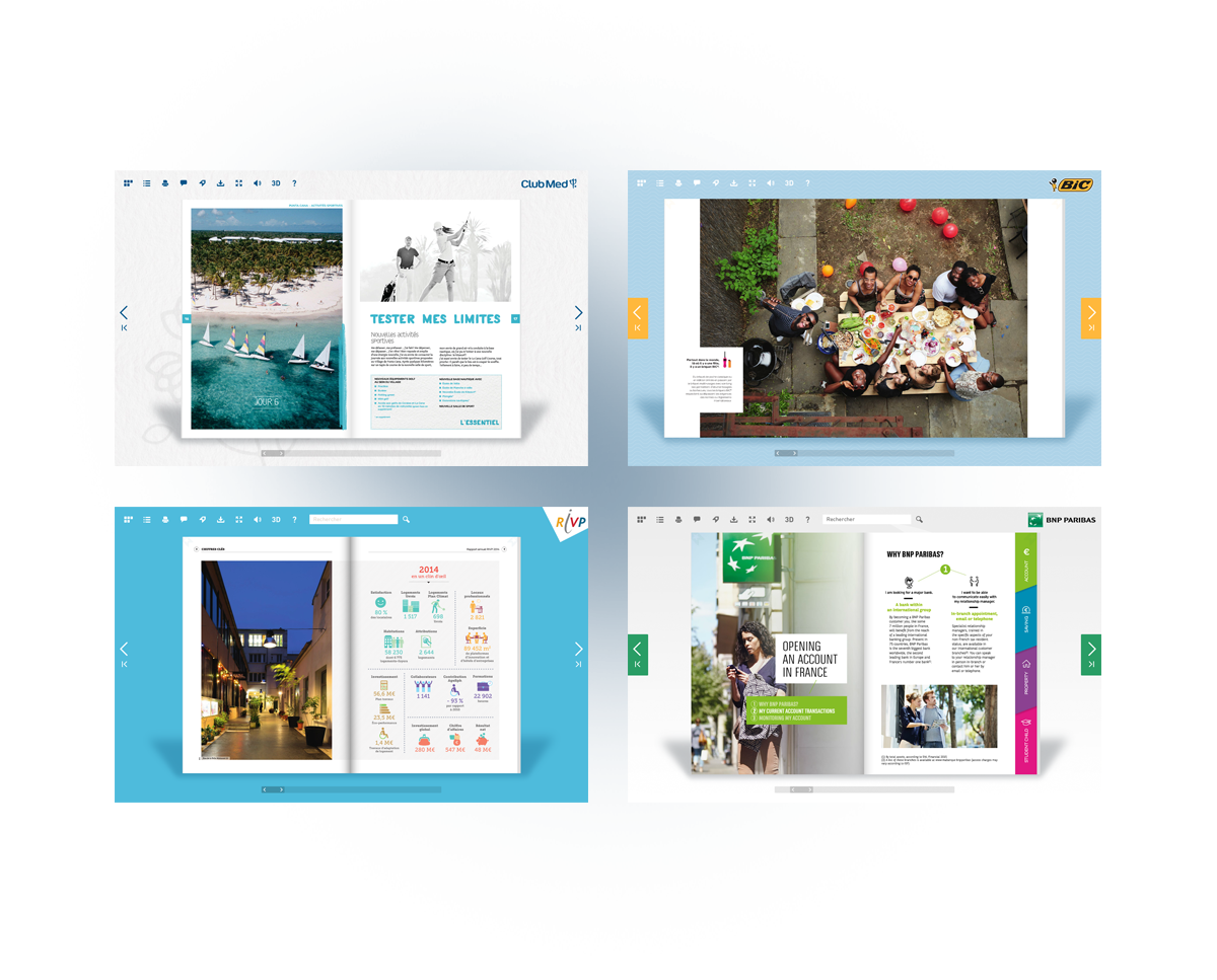 Exemples d’interfaces Fluidbook affichant des catalogues interactifs pour marques, avec navigation en ligne, pages feuilletables et supports responsive