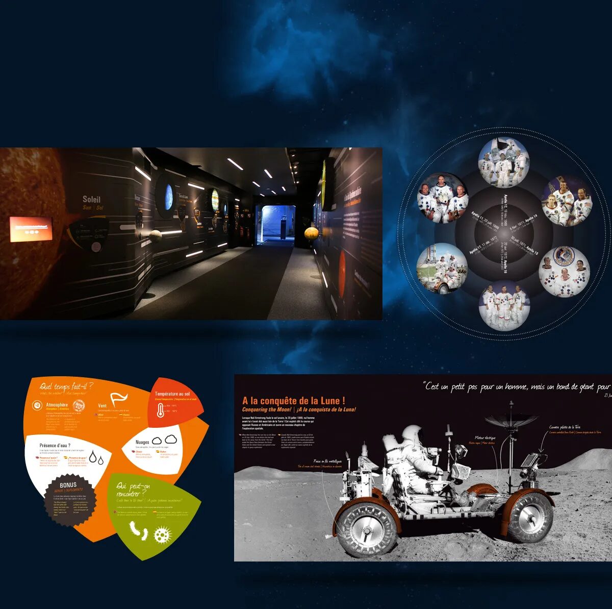 Exposition Cité de l’espace avec scénographie immersive, frise du système solaire, conquête de la Lune et contenus pédagogiques sur l’exploration spatiale