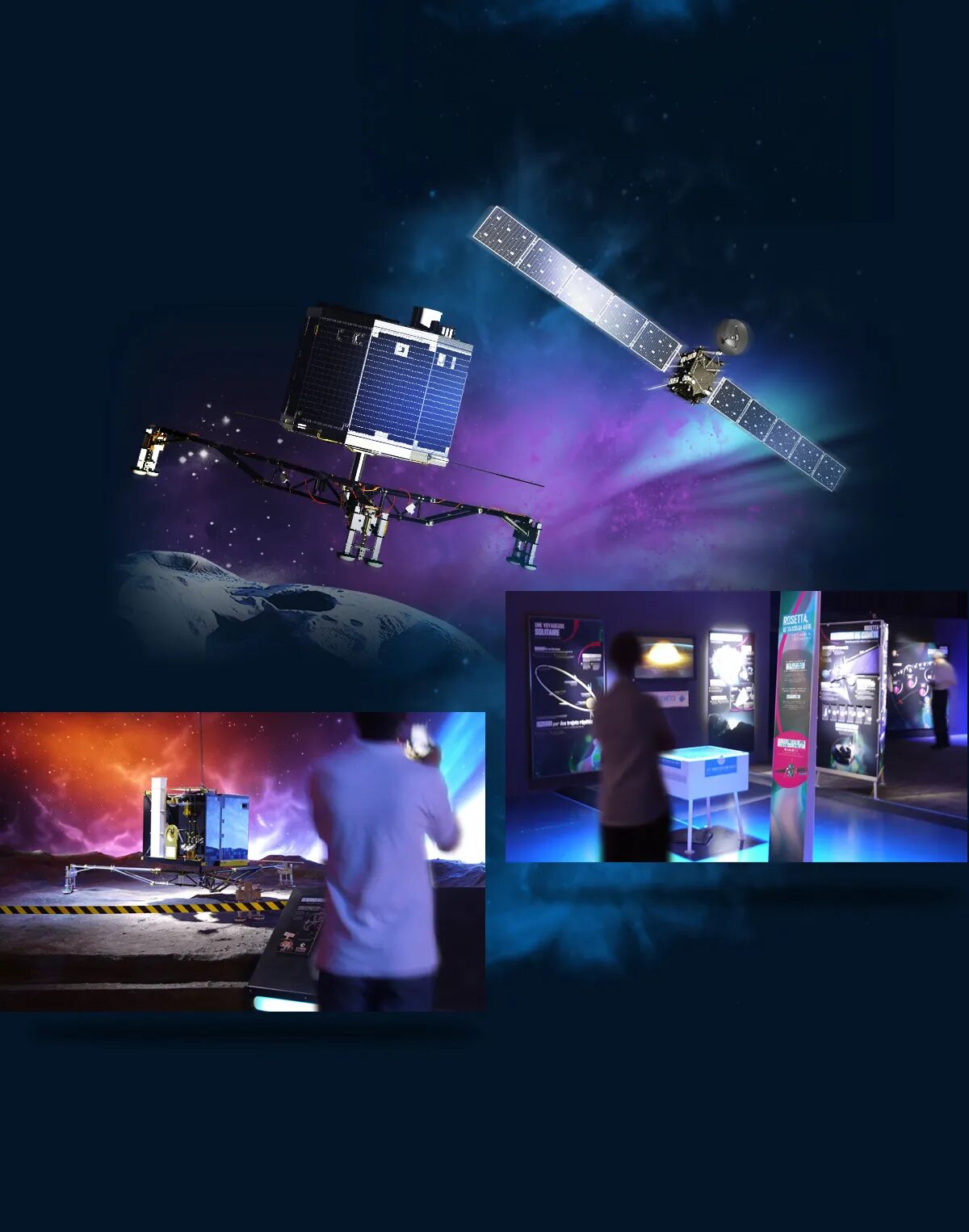 Exposition Cité de l’espace sur la mission Rosetta, avec sondes spatiales, atterrisseur Philae et scénographie immersive autour d’une comète