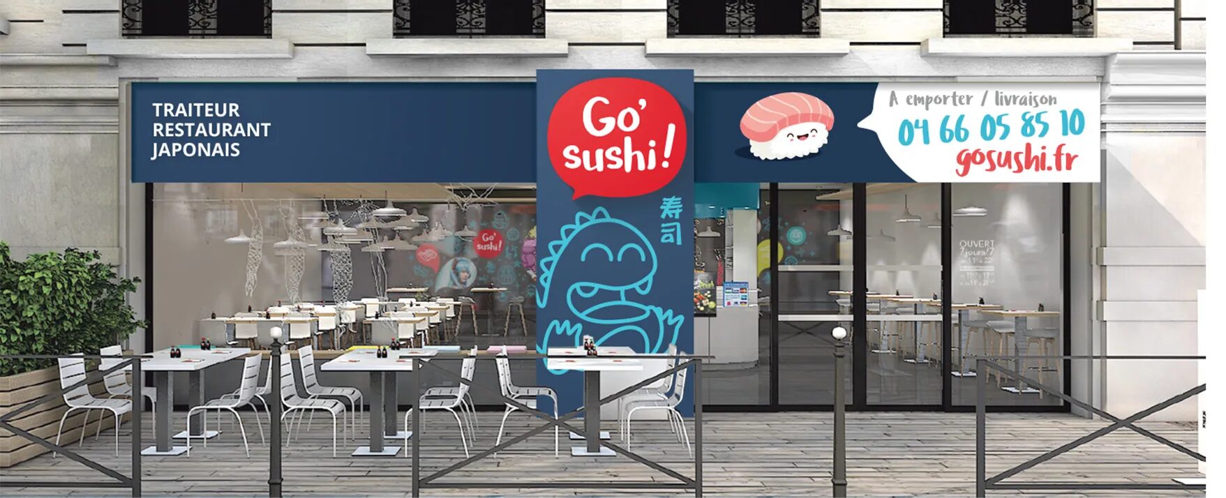 Façade du restaurant japonais Go Sushi avec enseigne, terrasse extérieure, logo illustré et signalétique pour vente à emporter et livraison