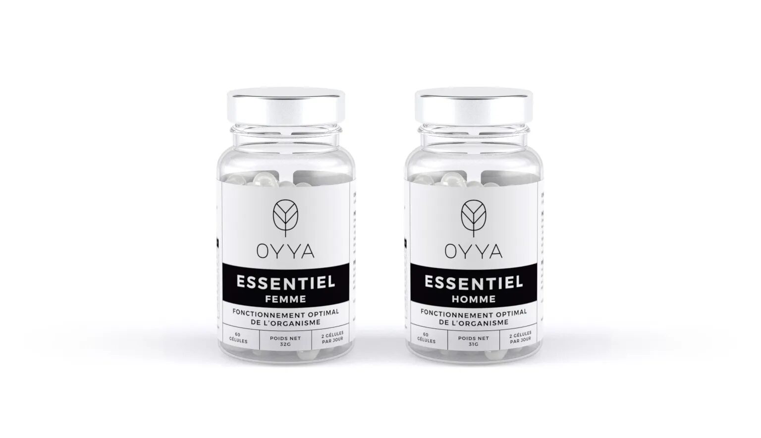 Flacons Oyya Essentiel Femme et Homme, compléments alimentaires pour le fonctionnement optimal de l’organisme, avec packaging minimaliste noir et blanc