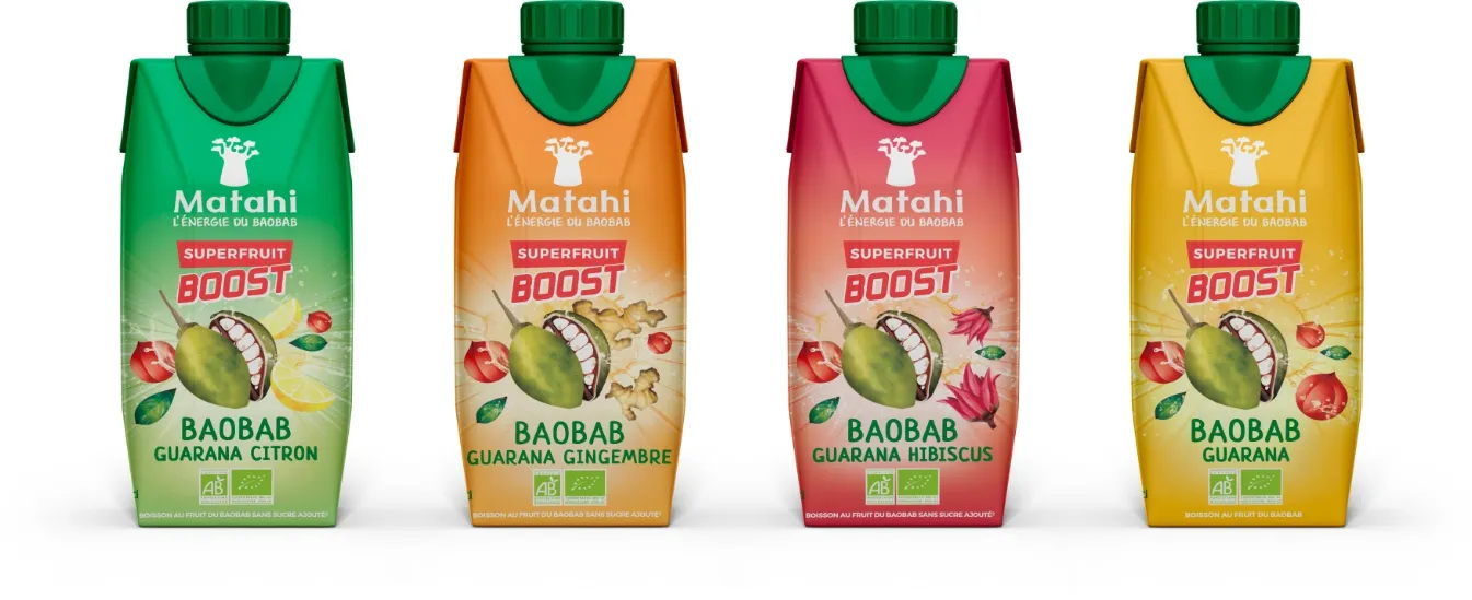 Gamme de boissons bio Matathi Superfruit Boost au baobab, avec quatre saveurs guarana citron, guarana gingembre, guarana hibiscus et guarana