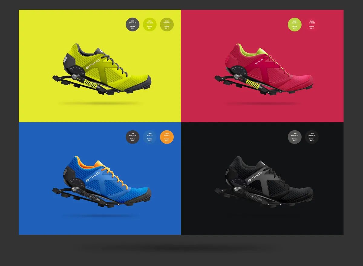 Gamme de chaussures de running Enko avec amorti mécanique, déclinée en plusieurs coloris sportifs sur fonds colorés