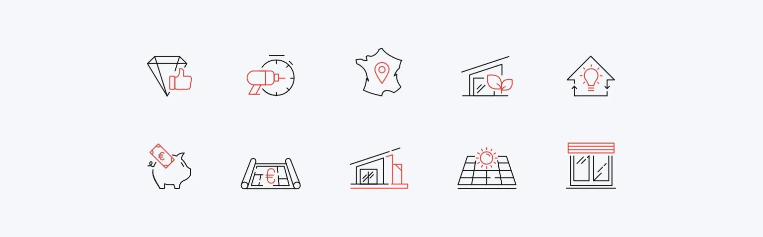 Bibliothèque d’icônes Solaire Box pour solutions écologiques et maisons autonomes, illustrant qualité, énergie, fabrication française, habitat durable, économies et panneaux solaires