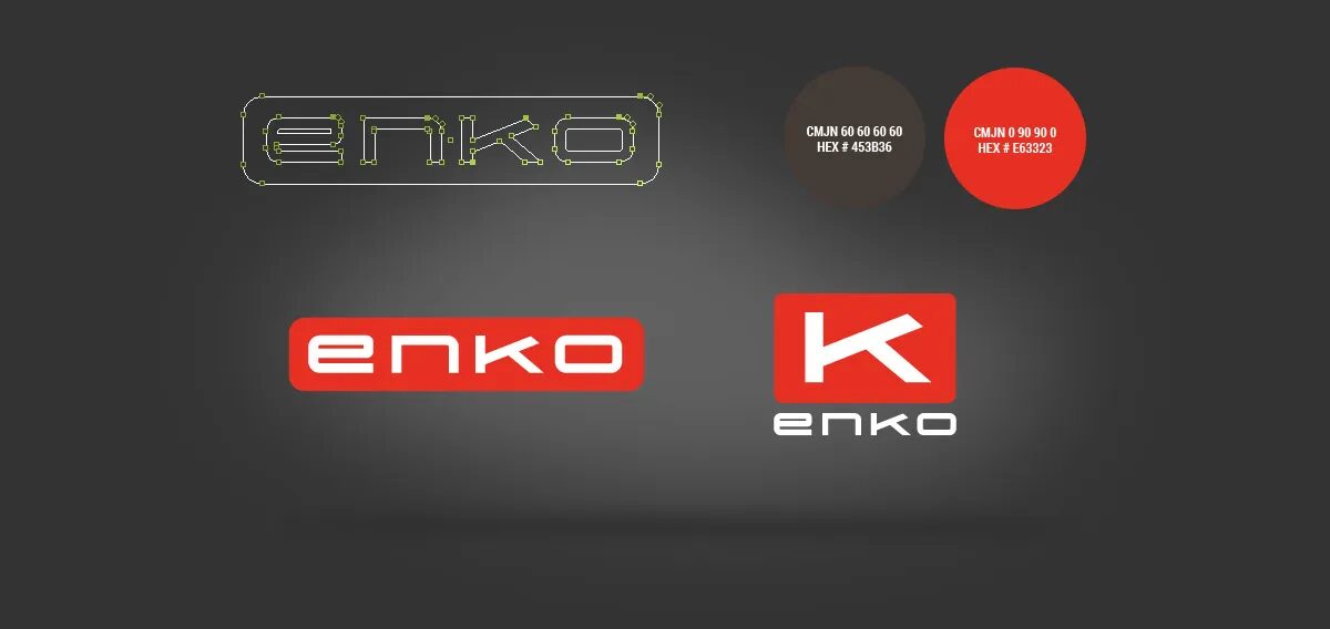 Planche d’identité visuelle Enko avec construction du logo, versions rouge et blanche, monogramme K et palette de couleurs