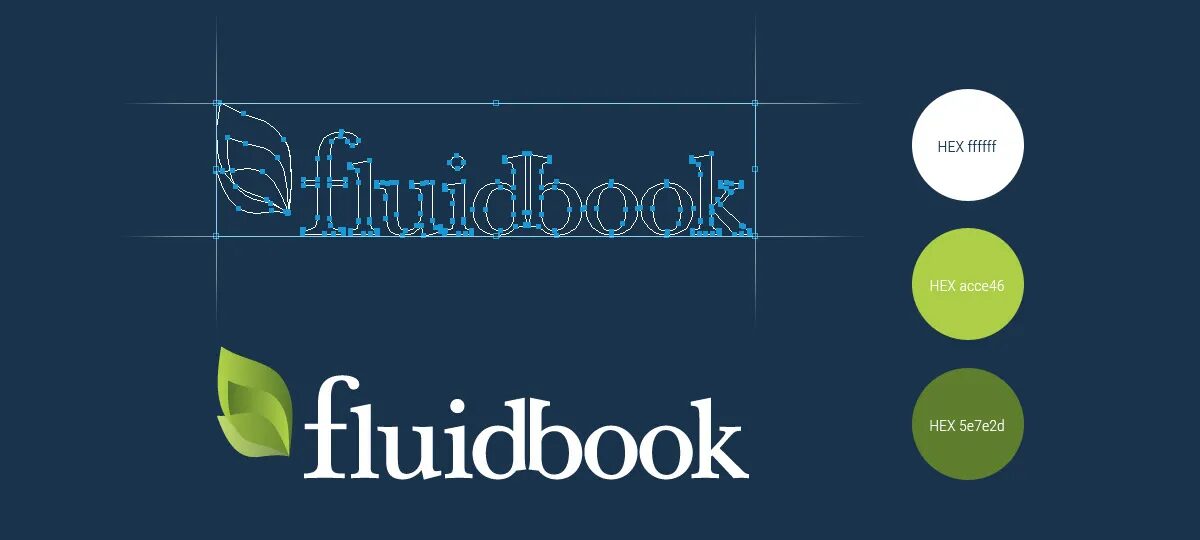 Planche d’identité visuelle Fluidbook avec logo vectoriel, symbole feuille et palette de couleurs bleu nuit, blanc et verts