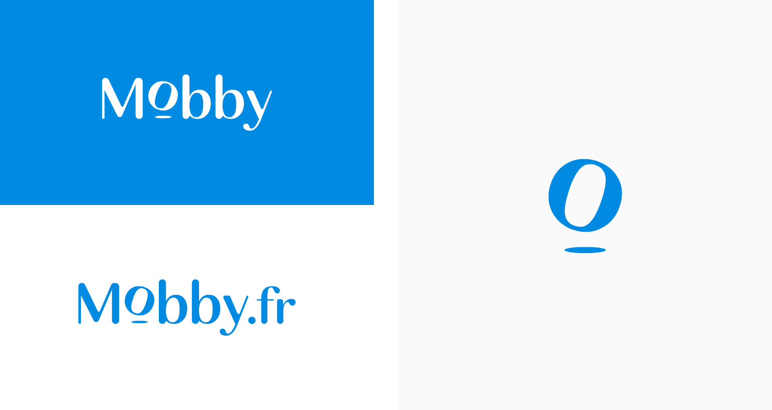 Déclinaisons de l’identité visuelle Mobby, avec logo blanc sur fond bleu, adresse Mobby.fr et symbole “o” bleu utilisé comme élément graphique