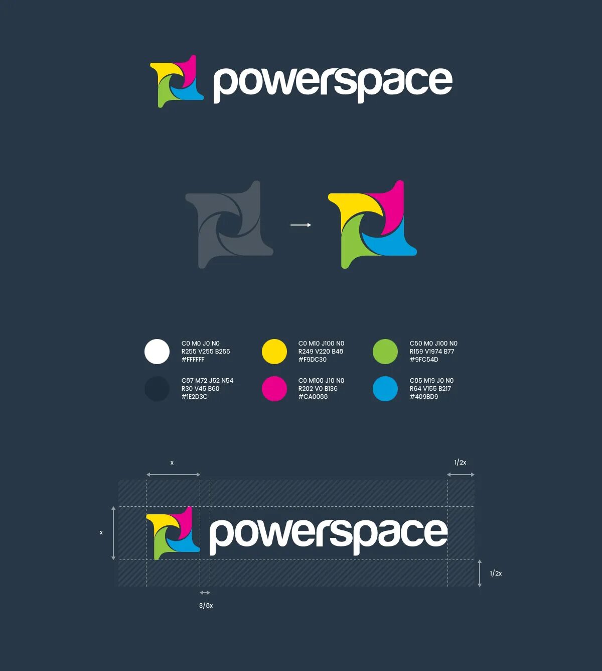 Planche d’identité visuelle Powerspace avec logo, évolution du symbole graphique et palette de couleurs pour une marque de marketing digital.