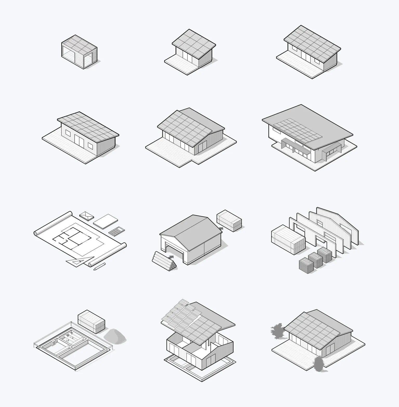 Illustrations techniques Solaire Box montrant différents modèles de studios et maisons écologiques, plans architecturaux, modules bois et étapes de construction