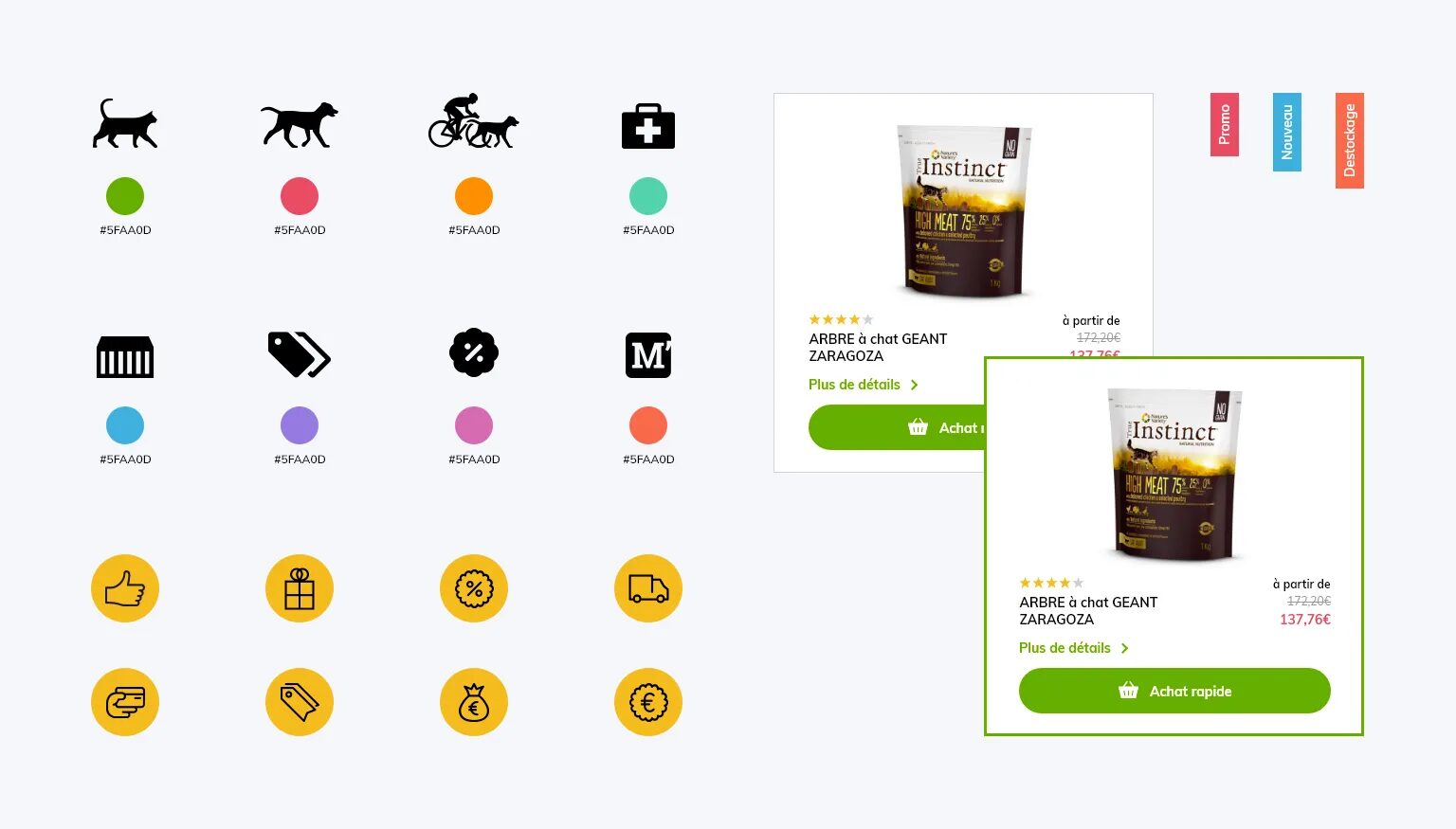 Interface e-commerce Polytrans avec pictogrammes de catégories, codes couleurs et fiche produit pour accessoires et alimentation animale.