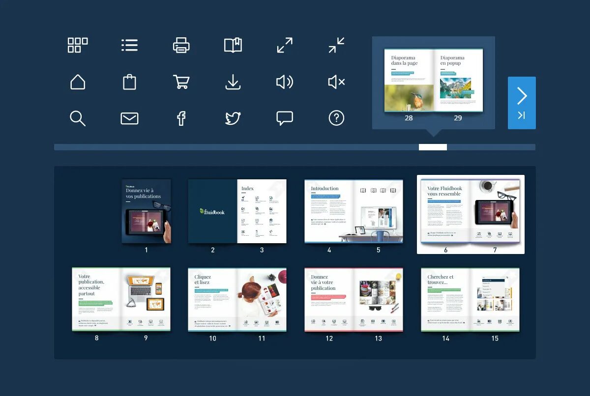 Interface Fluidbook avec barre d’outils, sommaire visuel, miniatures de pages et navigation interactive dans un catalogue digital