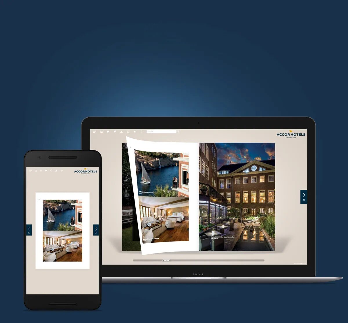 Interface Fluidbook responsive affichant un catalogue interactif Accor Hotels sur ordinateur portable et smartphone