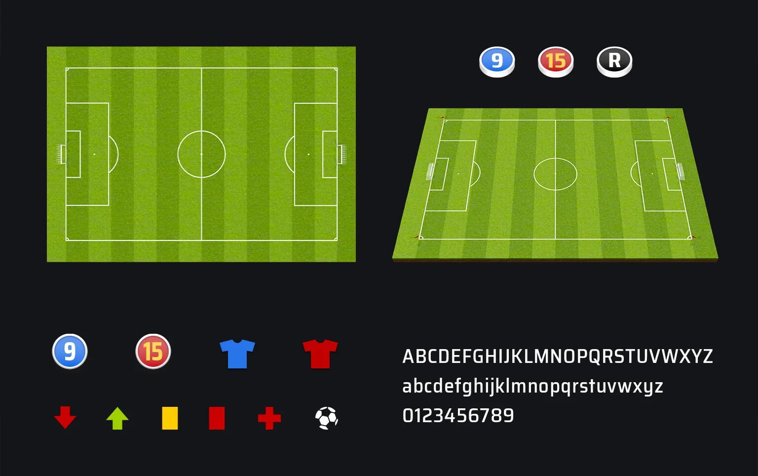 Kit graphique SkillCorner pour analyses de football, avec terrains 2D et 3D, icônes de joueurs, maillots, ballon et typographie dédiée