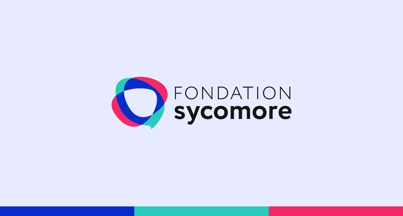 Logo Fondation Sycomore avec symbole coloré en forme de bulle de dialogue et palette bleu, turquoise et rose sur fond clair