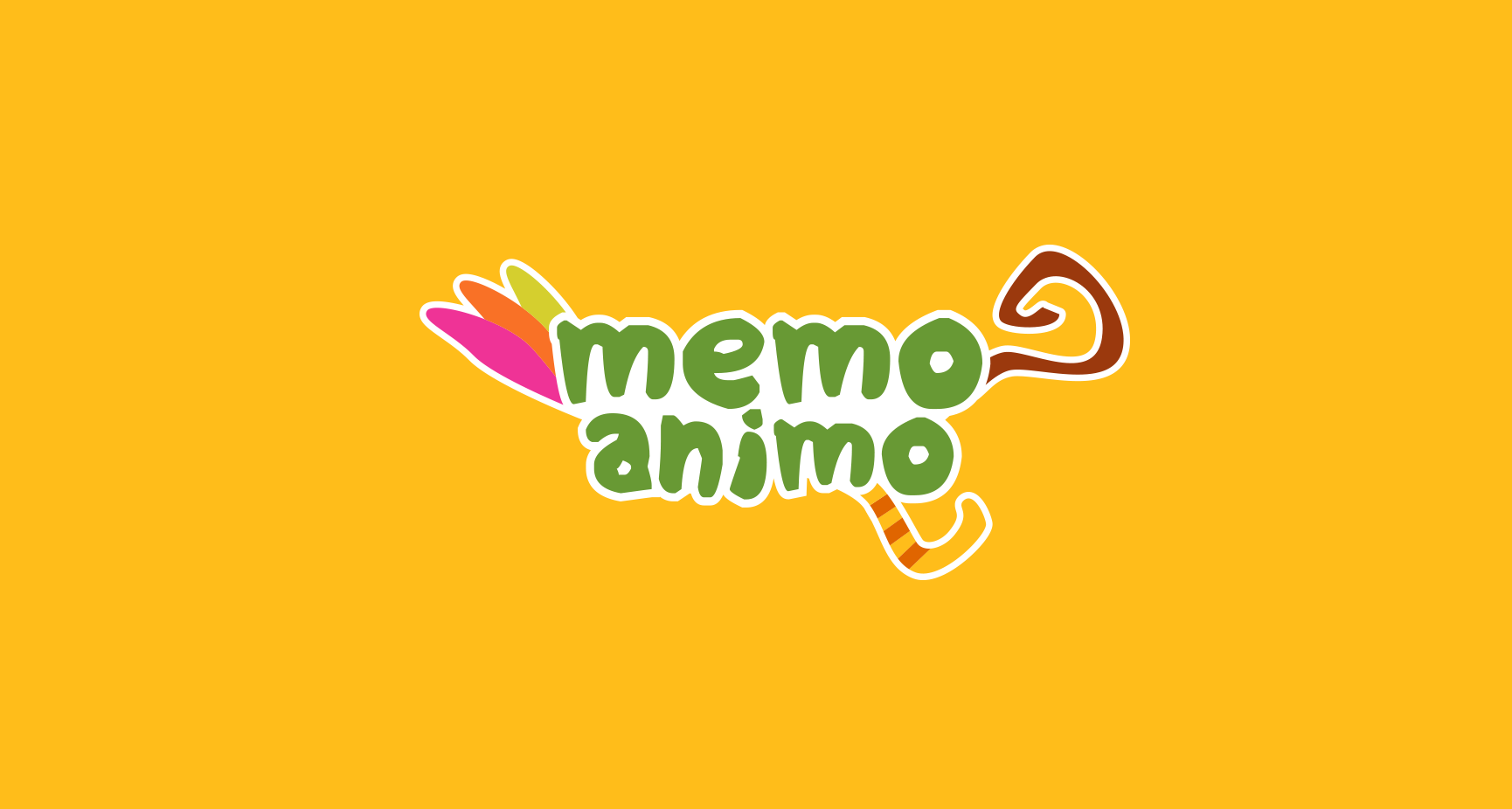 Logo Memo Animo, jeu de mémoire interactif pour enfants, avec typographie ludique verte et illustrations animales sur fond jaune