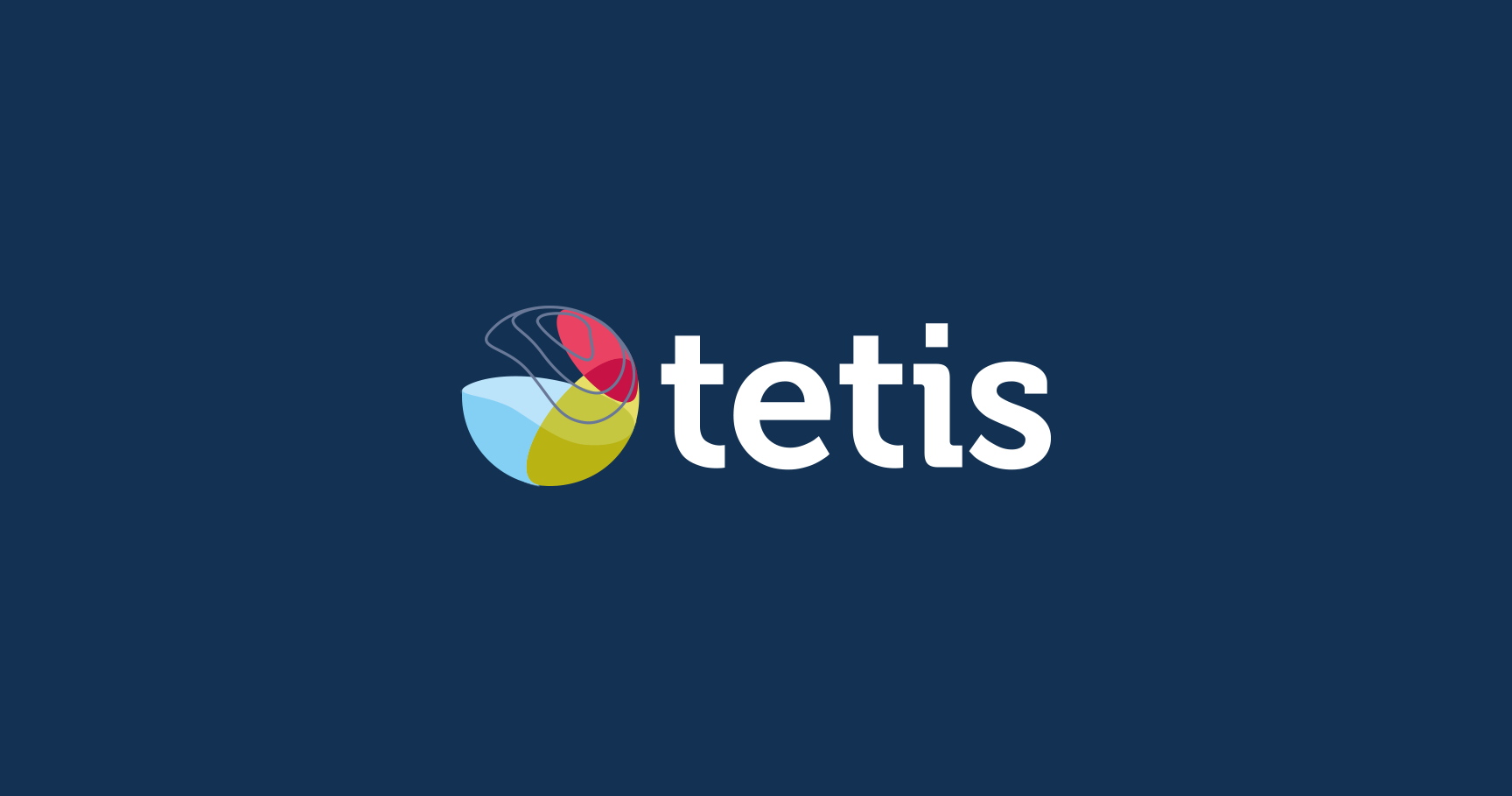 Logo officiel Tetis en lettres blanches à côté d'un symbole sphérique multicolore abstrait sur fond bleu marine